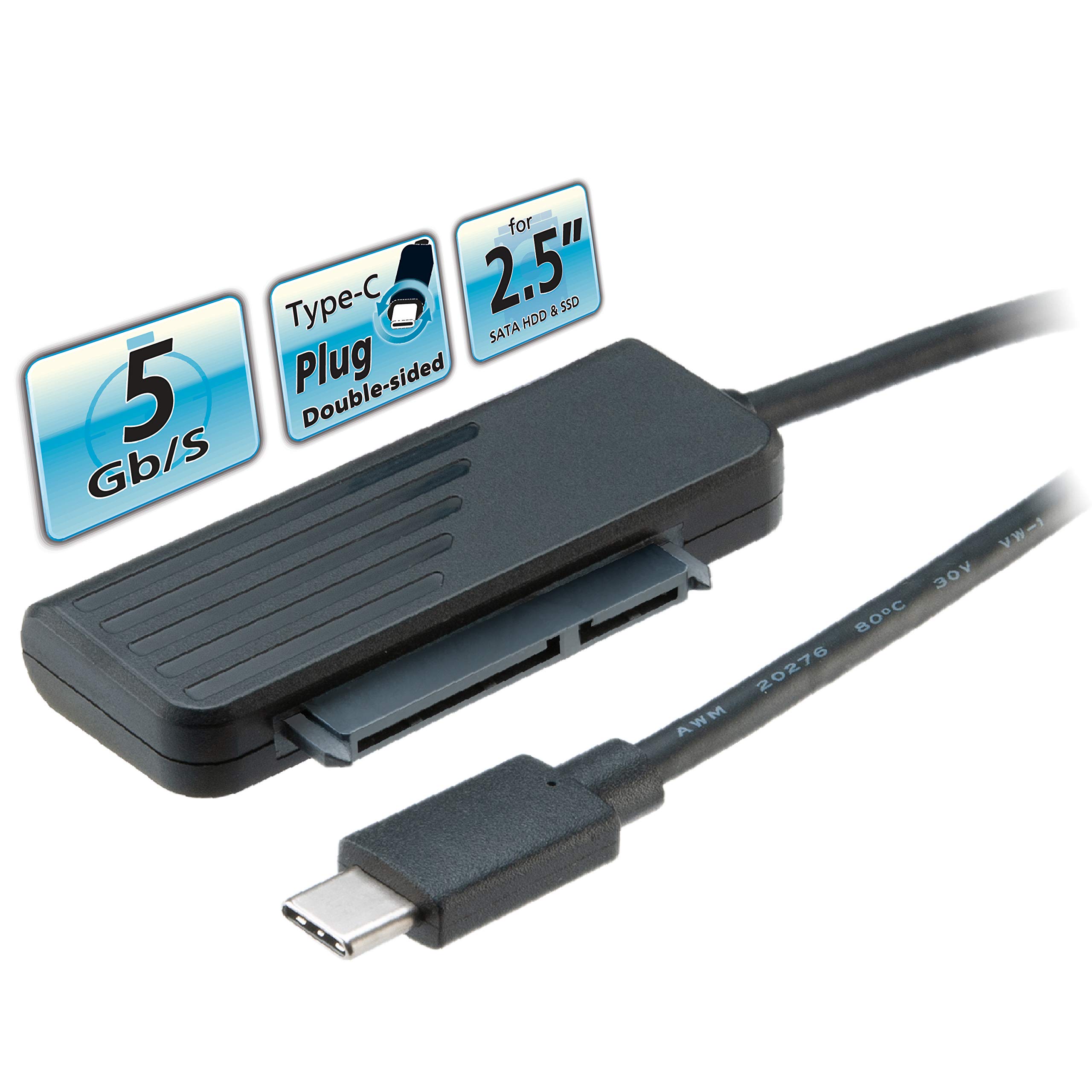 Akasa USB 3.1 Gen 1 Adapter Cable for 2.5" SATA SSD & HDD | Type-C to SATA I/II/III | 5Gbps | 20cm | AK-AU3-06BK