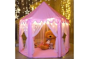 MonoBeach Princess Castle Play Tent Kids Play House with Star Lights Girls Pink Play Tents Toy for Indoor & Outdoor Games