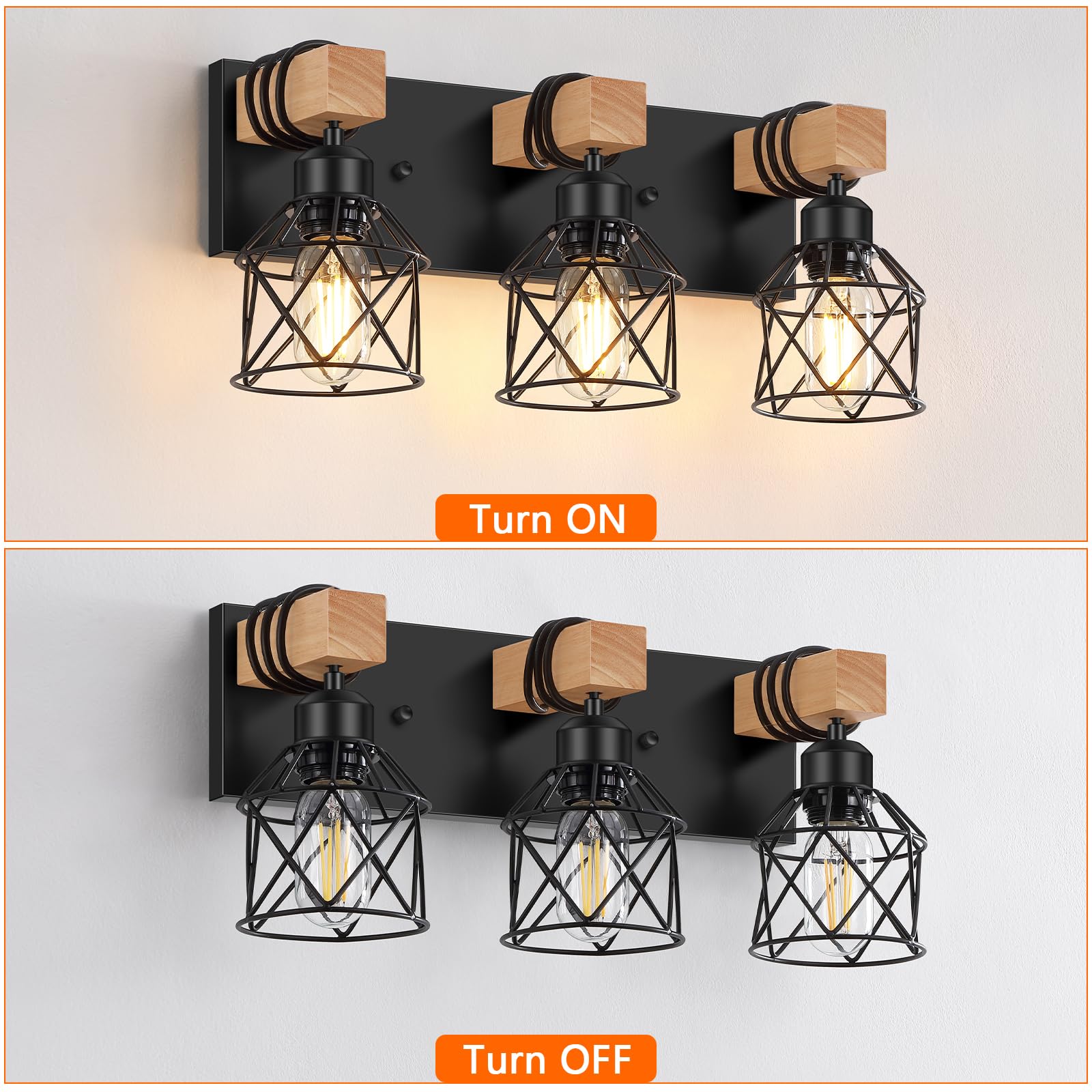 FadimiKoo 3-Light Farmhouse Vanity Light for Bathroom, Wood Bathroom Light Fixtures Over Mirror, Industrial Black Vanity Light with Metal Lampshade for Bedroom Hallway Living Room