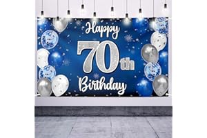 Nelbiirth Happy 70th Birthday Decorations,70th Blue & Silver Balloon Large Birthday Banner Backdrop Sign,Cheers to Seventy Years Old Bday Party Supplies.