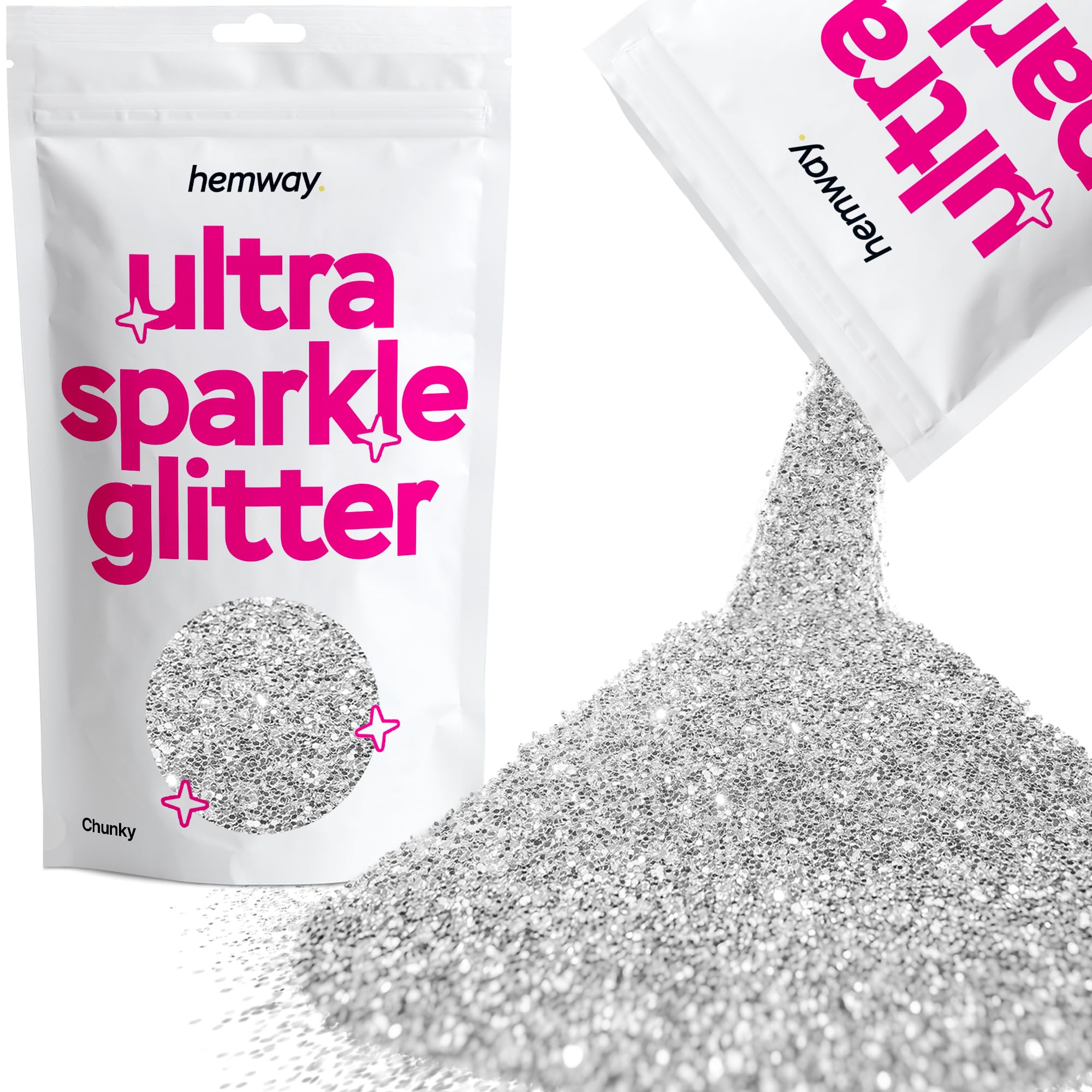 Hemway Ultra Sparkle Glitter Silver 100g Chunky | Glitter for Arts & Craft, Makeup, Nail Art, Crafting, Card Making, Sparkle Decoration