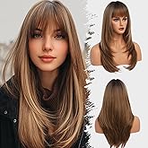 EssionTech Ombre Light Brown Wig With Bangs Long Wavy Straight Wig with Layered Hair Synthetic Heat Resistant Wigs for Women Daily Party Use 26 Inches