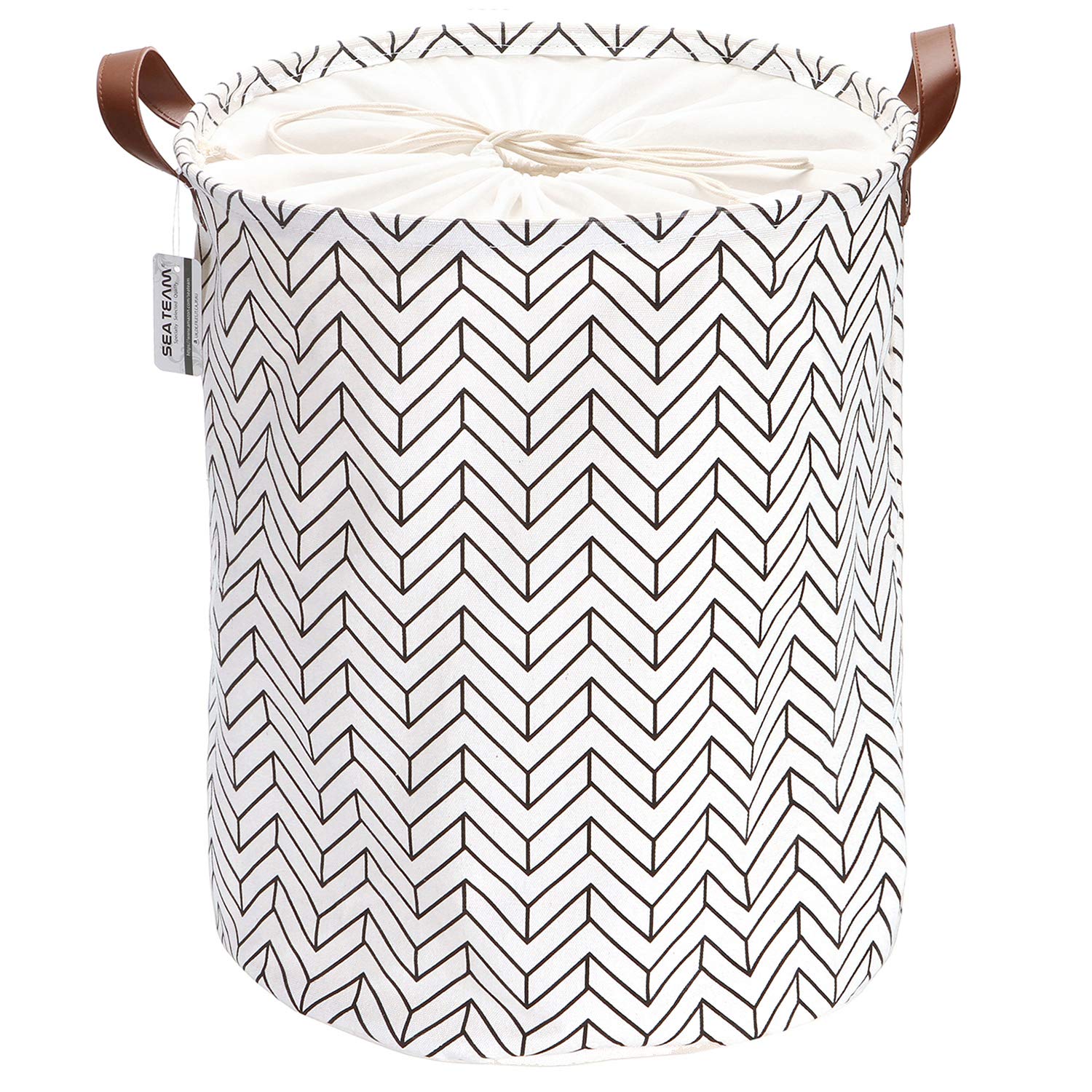 Sea Team Arrow Pattern Laundry Hamper Canvas Fabric Laundry Basket Collapsible Storage Bin with PU Leather Handles and Drawstring Closure, 19.7 by 15.7 inches, Waterproof Inner, Black