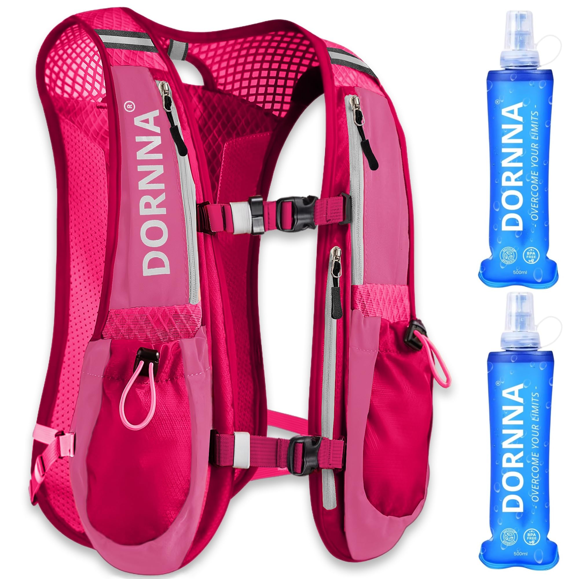 DORNNA Ultra Terra V2 - Trail Running Hydration Vest + 2 Soft Flask 500ml Gift, Running Backpack Men and Women, Back Pocket for Bladder up to 1.5L. (Pink + 2 Soft Flask 500ml)