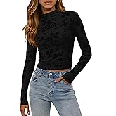 MASCOMODA Mesh Long Sleeve Tops for Women 2025 Trendy Mock Neck Crop Going Out Fitted Floral Shirts Fall Fashion Clothing