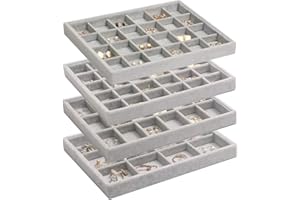 DIOMMELL Set of 4 Stackable Velvet Jewelry Trays Organizer, Jewelry Display Storage Box Showcase Holder Dresser Drawer Organizer for Earring Necklace Bracelet Ring Accessary, Grey