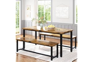 Recaceik 47” Dining Table Set with Benches, 3 Pieces Dining Room Table Set for 4, Wood Kitchen Table and Chair Set with Sturdy Frame, Space Saving Dinette Set for Breakfast Nook, Brown