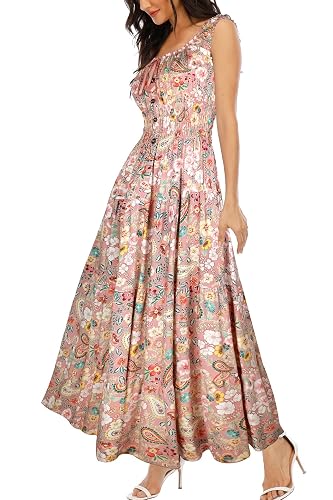 OSTOO Women's Sleeveless Boho Maxi Dress - Floral Print Tiered Long Dress (Pink, Medium)