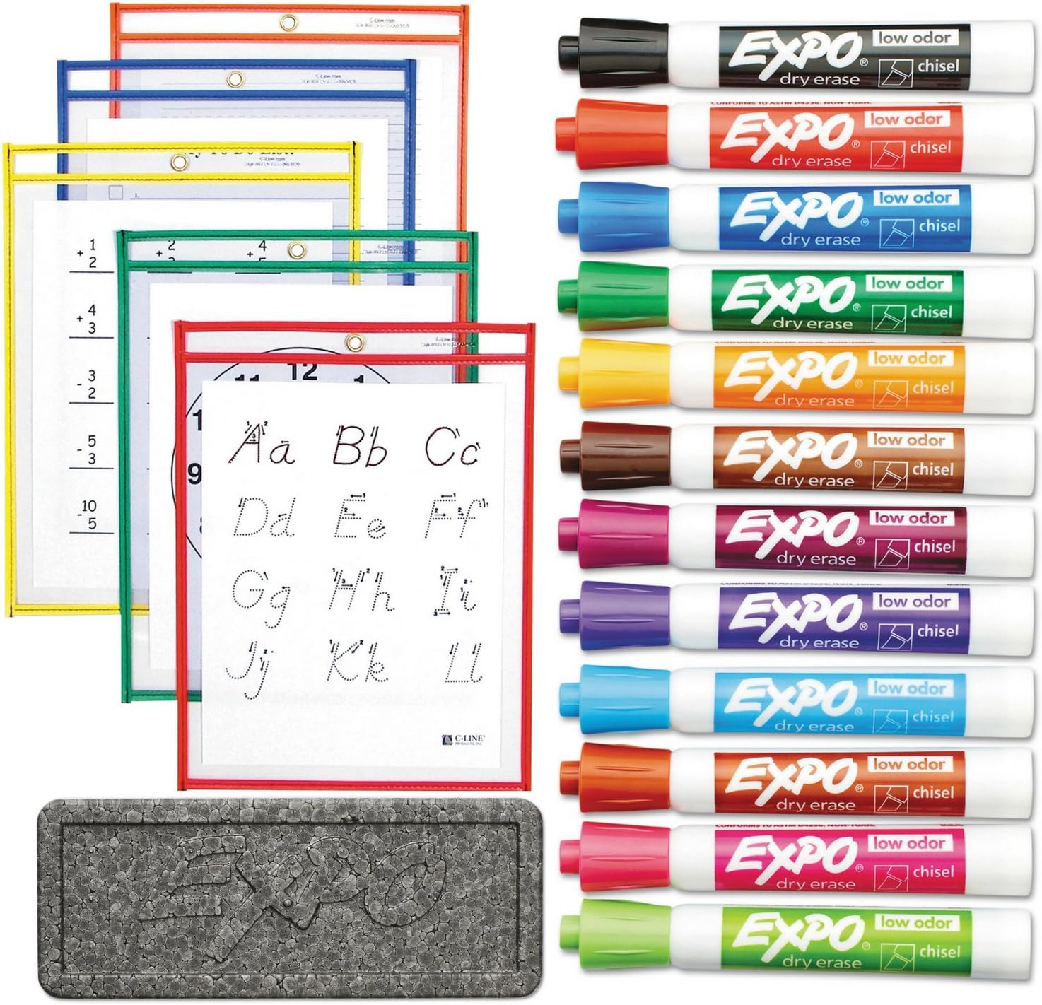 Reusable Dry Erase Pockets with Low Odor Dry Erase Markers and Whiteboard Eraser, Classroom Supplies, Whiteboard Pockets, Plastic Paper Sleeves, Perfect for Teacher Supplies