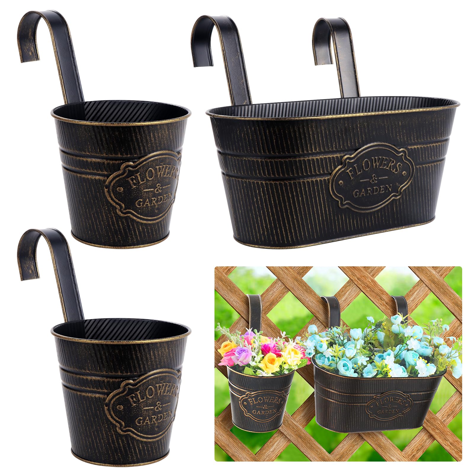 Fippy 3PCS Metal Hanging Flower Pots, Large Hanging Planter Pots with Detachable Hook, Fence Hanging Plant Pots for Balcony Railing Garden Decor (Vintage)