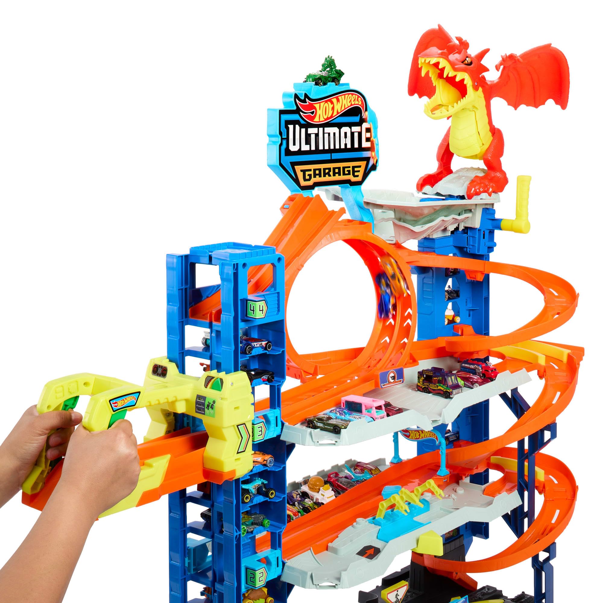 Hot Wheels City Ultimate Garage Track Set with 2 Die-Cast Toy Cars & Car-Eating Dragon, Stores 50+ Vehicles, 4 Levels