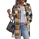HOTOUCH Womens Flannel Jacket Long Plaid Shacket Casual Snap Button Tartan Trench Coat Long Sleeve Shirts with Pockets