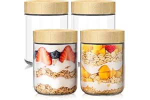 16oz Overnight Oats Containers with Lids, Glass Jars with Bamboo Lids, Glass Meal Prep Jars with Airtight Lids for Yogurt, Sa
