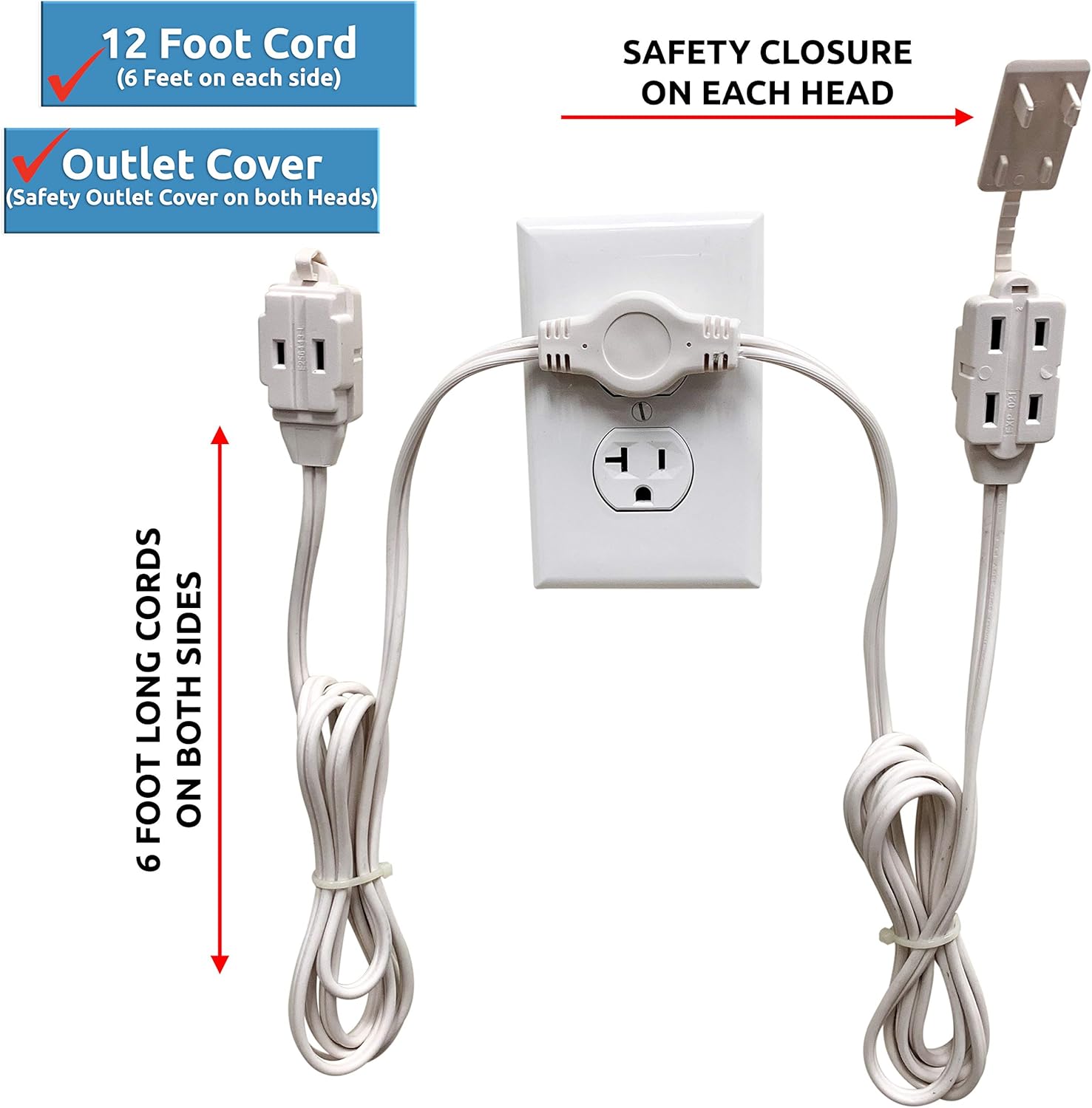Twin Extension Cord Power Strip - 12 Foot Cord - 6 feet on Each Side - Flat Head (Wall Hugger) Outlet Plug - 6 Polarized Outlets with Safety Cover: Home & Kitchen