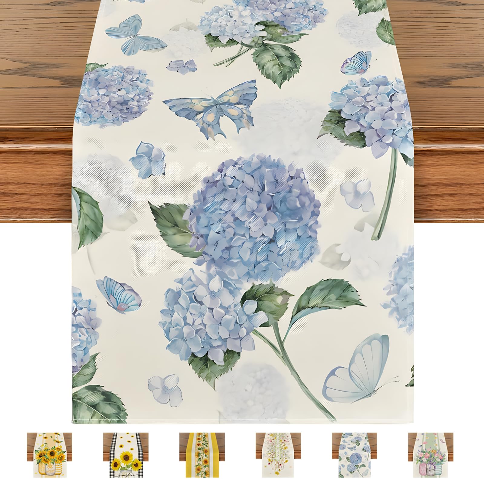 JYJLLM Sunflower Linen Table Runner，Seasonal Spring Kitchen Dining Table Decoration for Home Party Decor 33x180 cm,Holidays, Buffet Parties & Wedding Use, Tropiques - Spring/Summer (Blue Flower)