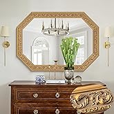 Chende Octagonal Gold Mirror for Wall Decor, 41" L x 29" W Decorative Wall Mirror with Floral Wood Frame, Horizontal/Vertical Hanging, Living Room, Bathroom, Dining Room, Entryway Decor