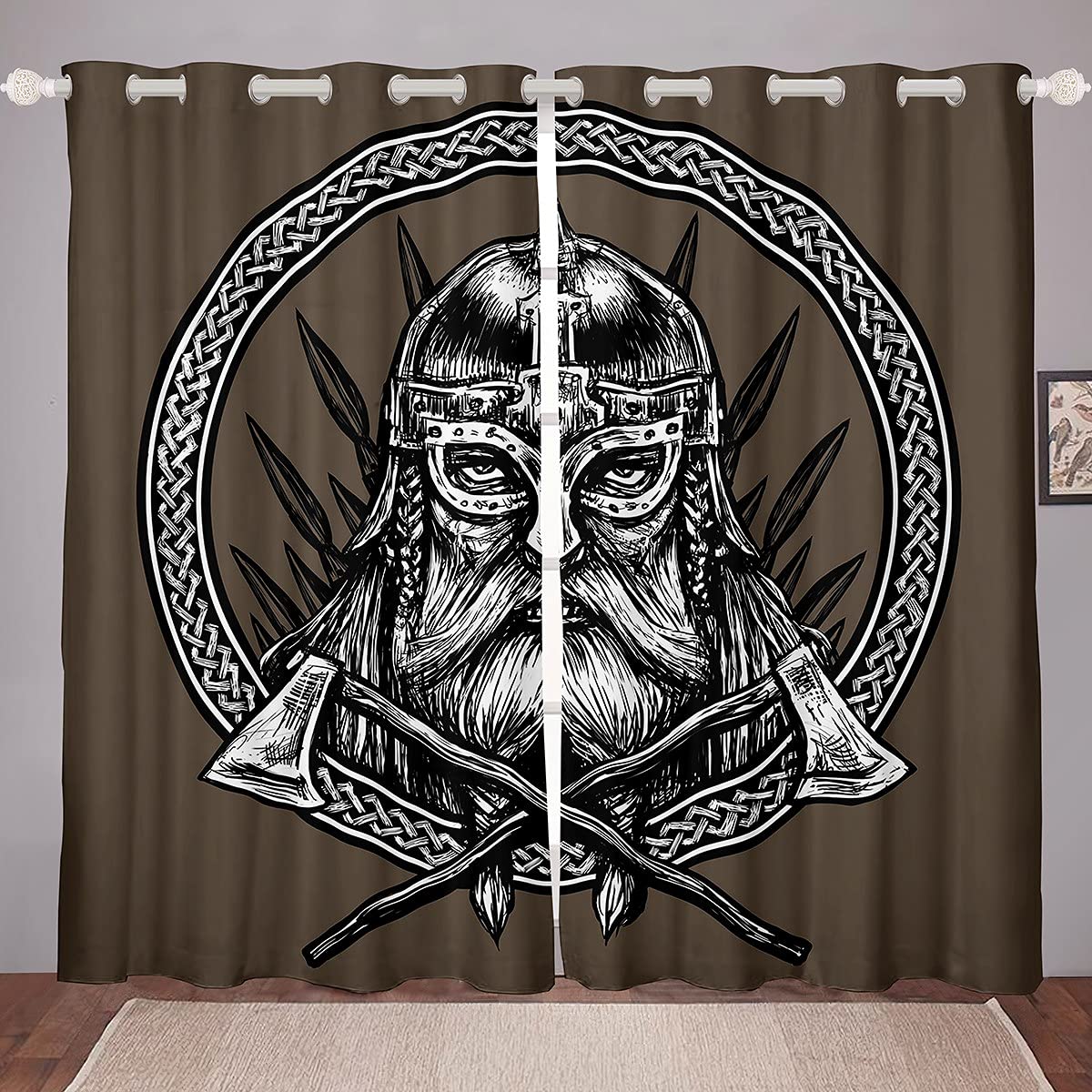 Loussiesd Old Viking Window Curtain Vintage Exotic Tribe The Ax A Sword A Spear Scandinavian Logo Brown Print Curtains Decor Pirate Curtains W52*L90 — image 1