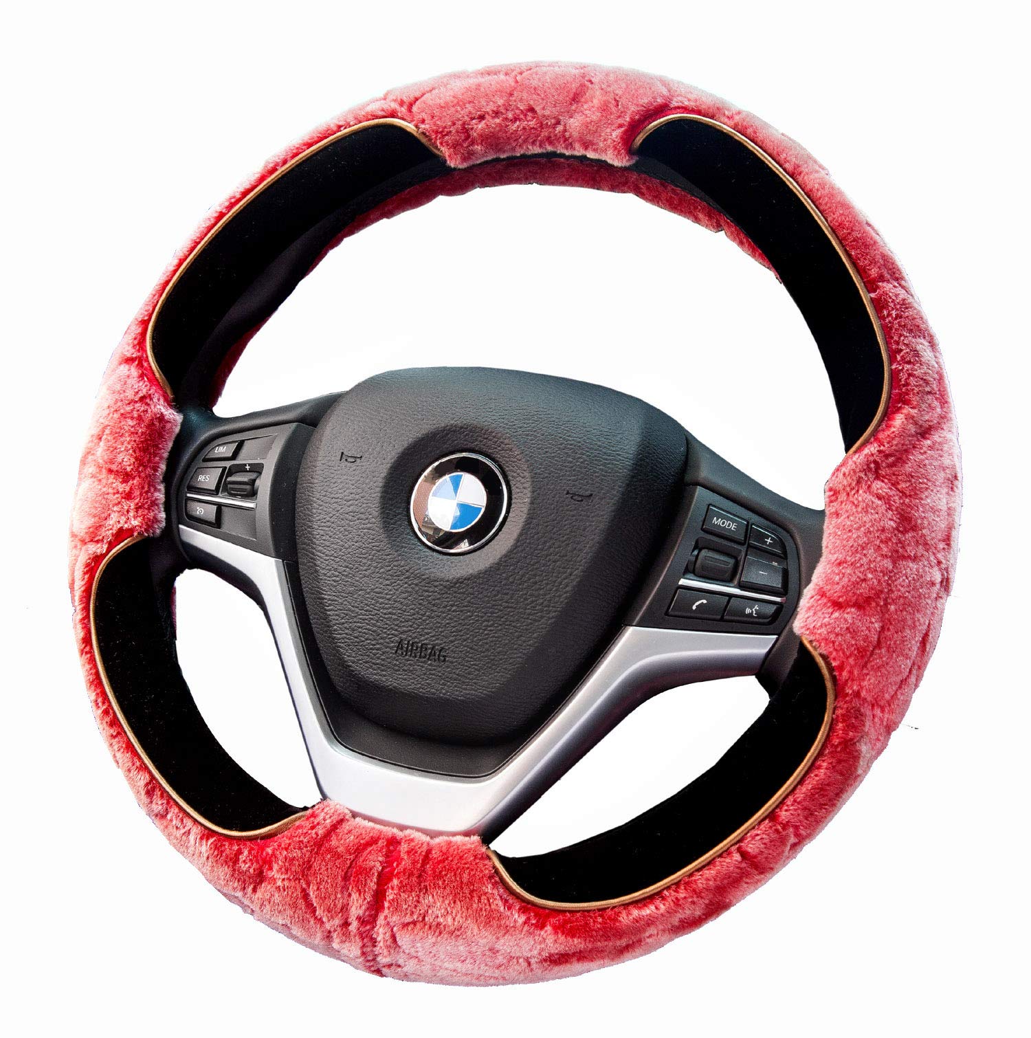 Furry Steering Wheel Cover 15 Inch Faux Wool Soft Fur Warm Winter Universal for Auto Car SUV (Short Plush, Red)