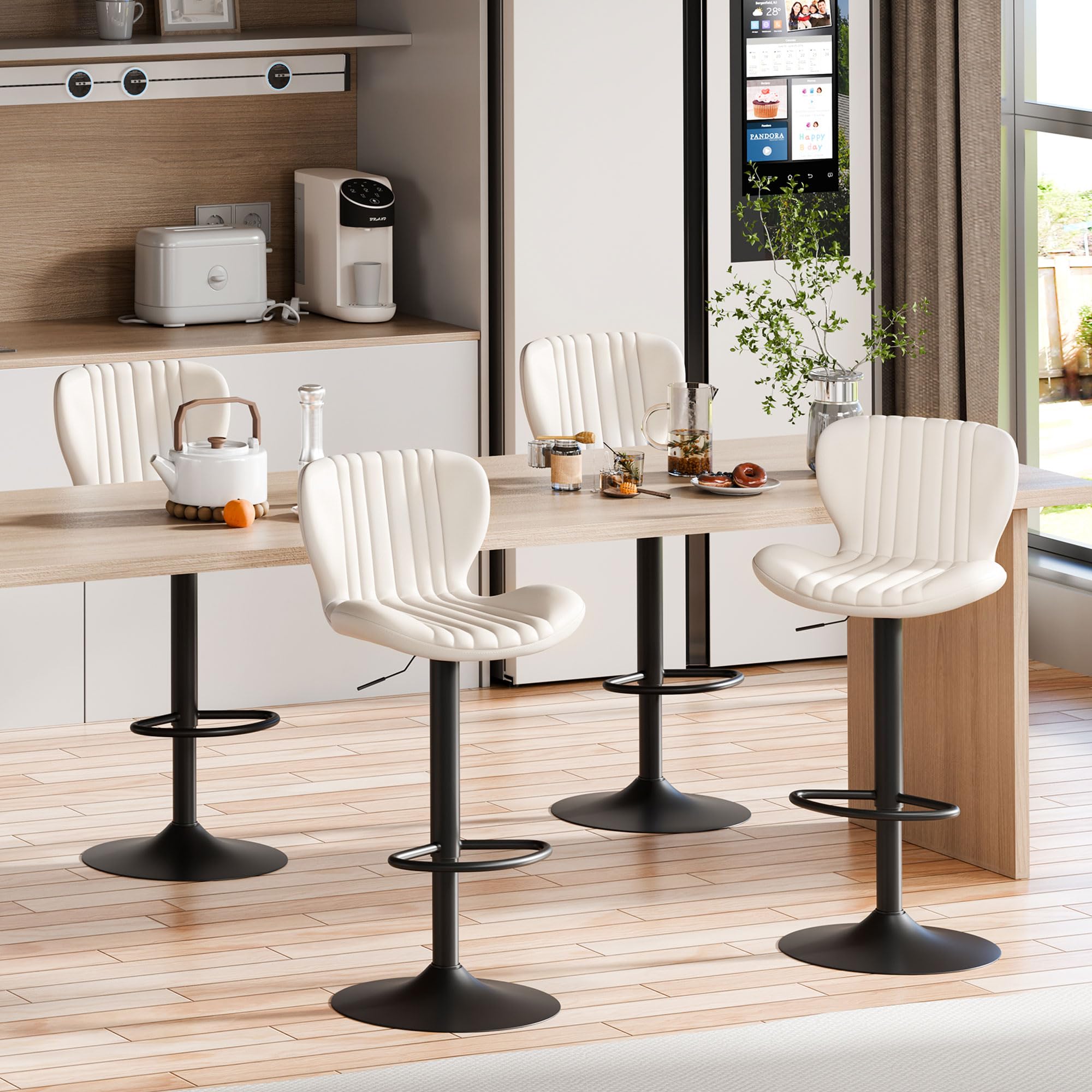 Photo 1 of ***(Set of 2 Chairs Only)*** 
Shintenchi Bar Stools Set of 2 Modern Swivel Bar Chairs, Counter Height Faux Leather Metal Barstools, Upholstered Island Chairs with Back and Footrest, Beige ***(BOX DAMAGED/RIPPED/TORN)***