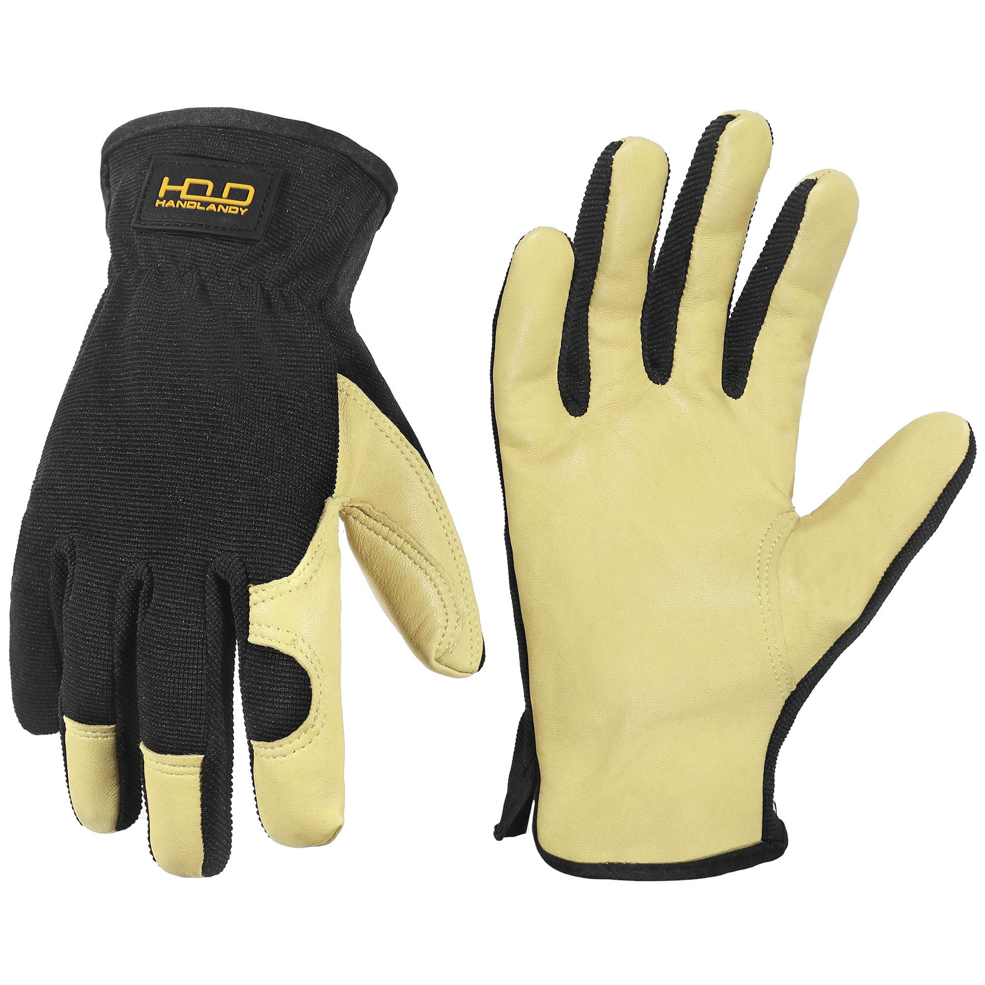 HANDLANDY Men Leather Gardening Gloves, Utility Work Gloves for Garden & Building Work, Dexterity & Breathable Construction Gloves (Beige-Black, L)