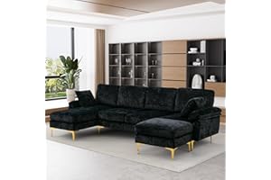 OUYESSIR U-Shaped Sectional Sofa Couch, 4 Seat Sofa Set for Living Room, Convertible L-Shaped Velvet Couch Set with Chaise Lounge, Ottoman and Pillows,114 inches (Black)