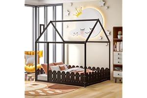 Harper & Bright Designs House Bed for Kids, Full Size Bed with Roof and Fence, Wood Bed Frame for Kids, Teens, Girls & Boys, Easy Assembly (Espresso)