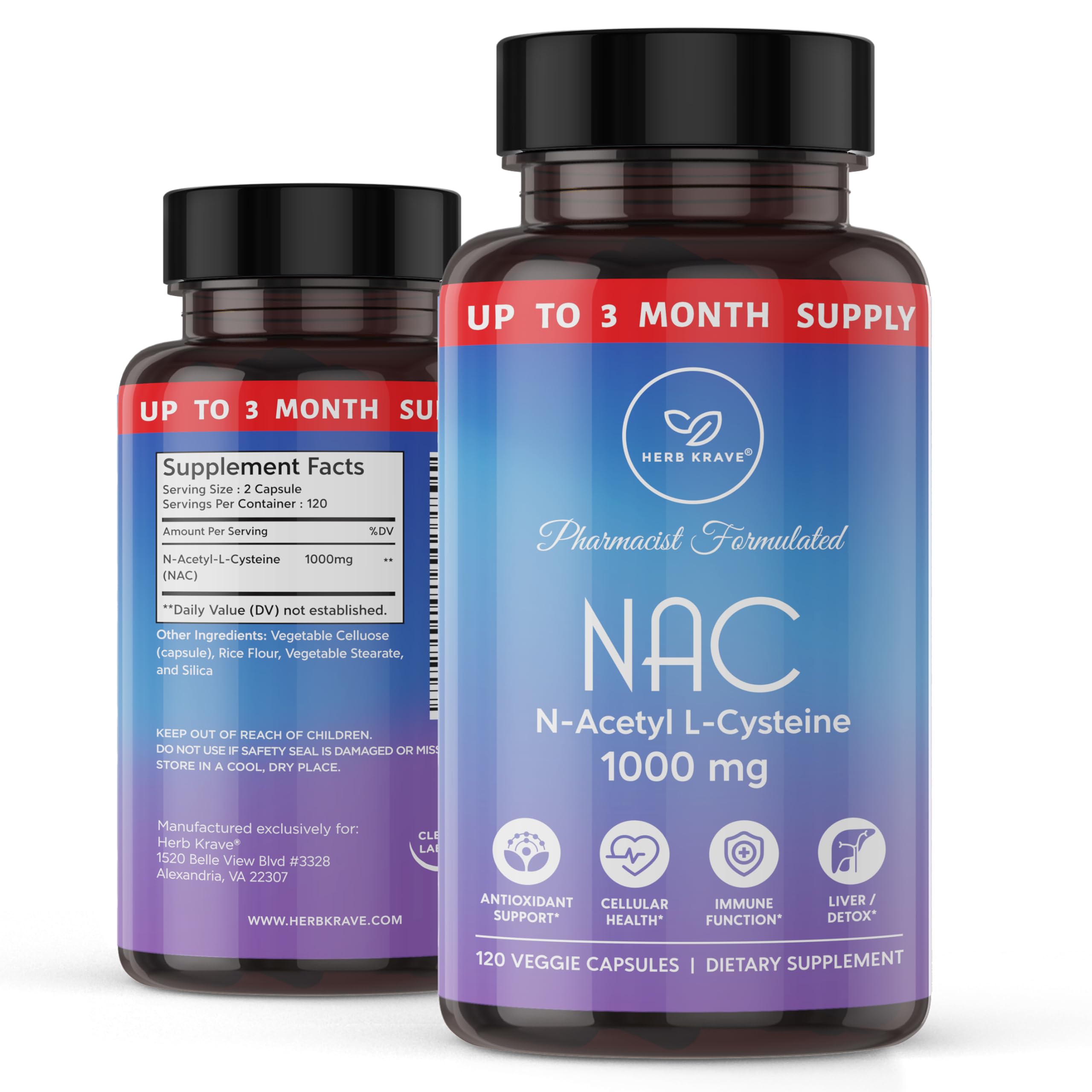 View 4 of ***5 BOTTLES INCLUDED***Herb Krave NAC Supplement N-Acetyl Cysteine 1000 mg, Amino Acid, Natural Antioxidant, Support for Liver, Lung, Immune System, Fertility | 120 N-Acetyl-L-Cysteine Capsule***5 BOTTLES INCLUDED***