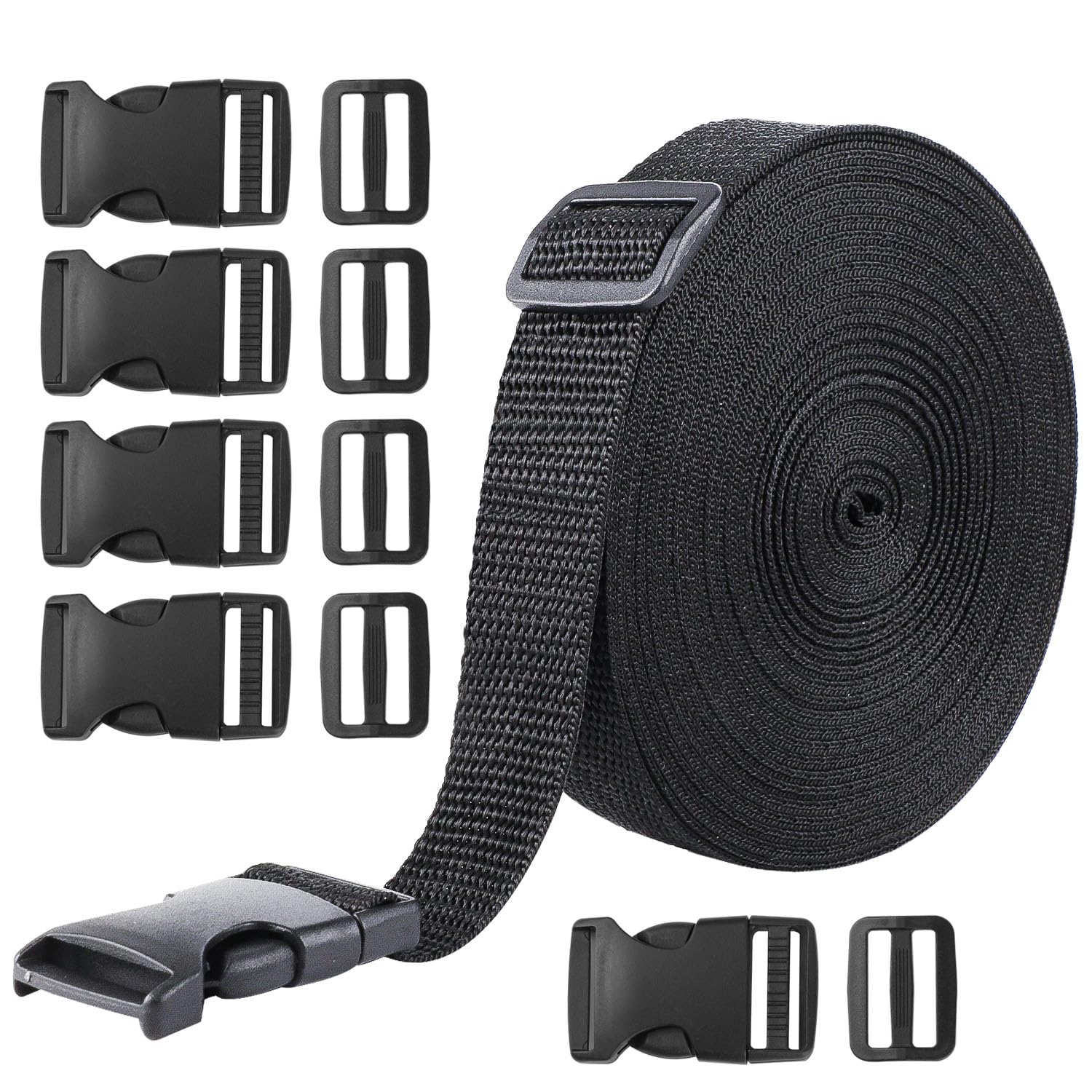 kuou 10 Metres Nylon Heavy Webbing Strap, Flat Side Release Buckles for DIY Craft Backpack Strapping(1 Inch Wide)