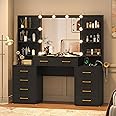 jiteentarou 55 in Glass Top Vanity Desk with Mirror and Lights, Large Vanity Makeup Mirror Desk with Charging Station Compartment Storage Drawers, Modern Makeup Vanity with 9 Drawers 6 Shelves, Black