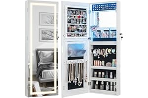 CHARMAID LED Mirror Jewelry Cabinet, Lockable Jewelry Armoire with Adjustable Lighted Full Length Mirror, 3 Lighting Sets, Wall Mounted Door Hanging Jewelry Storage Organizer (Grayish White, 42.5''H)