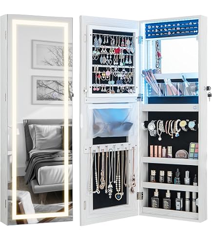Fredees 360° Swivel LED Jewelry Cabinet, Lockable Wavy Mirror Organizer With Rear Shelves And Makeup Tray White