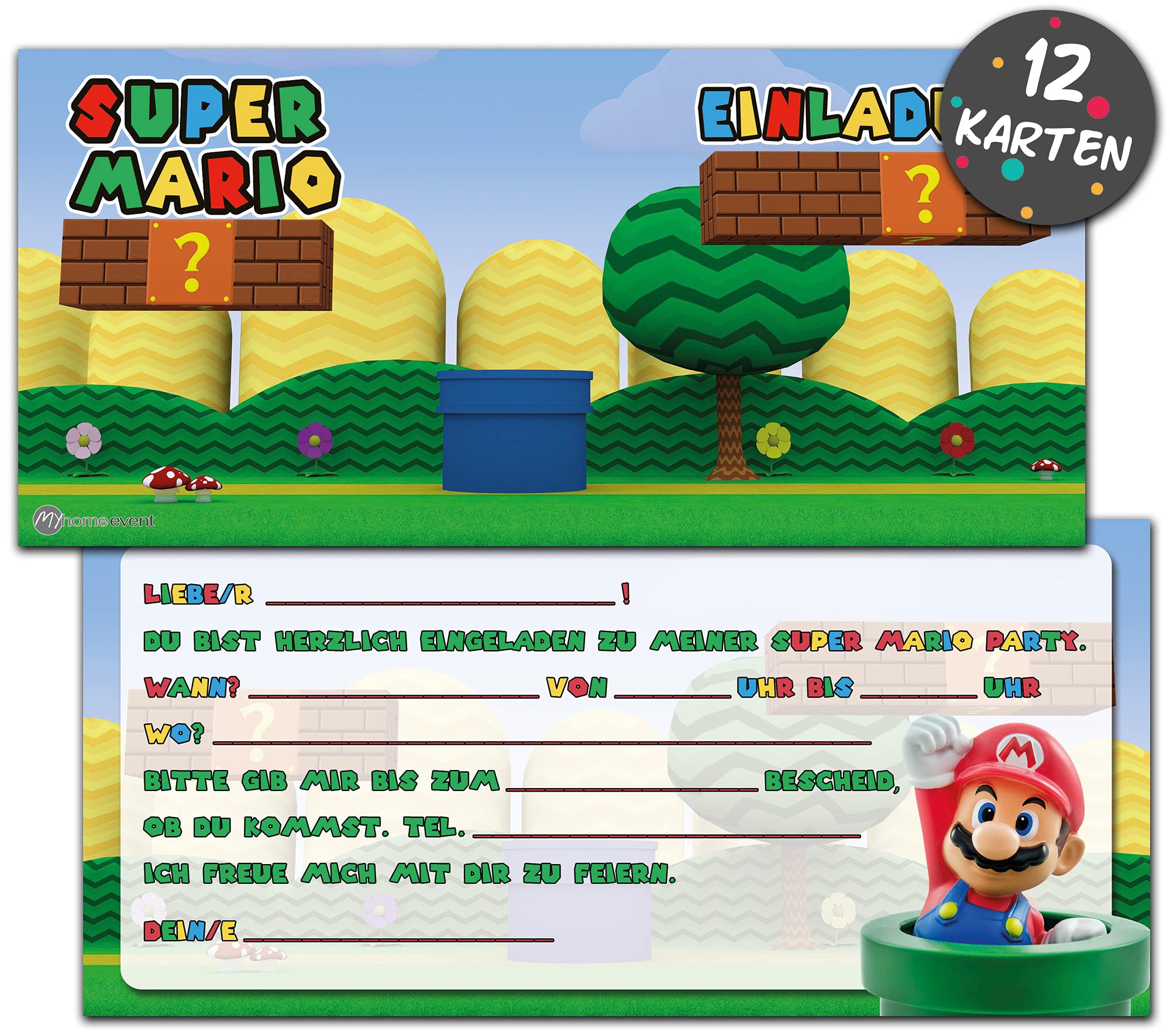 Myhomeevent Super Mario Einladungskarten Kindergeburtstag | 12 Geburtstagseinladungen | Kindergeburtstag Einladungskarten für Jungen & Mädchen |Mottoparty
