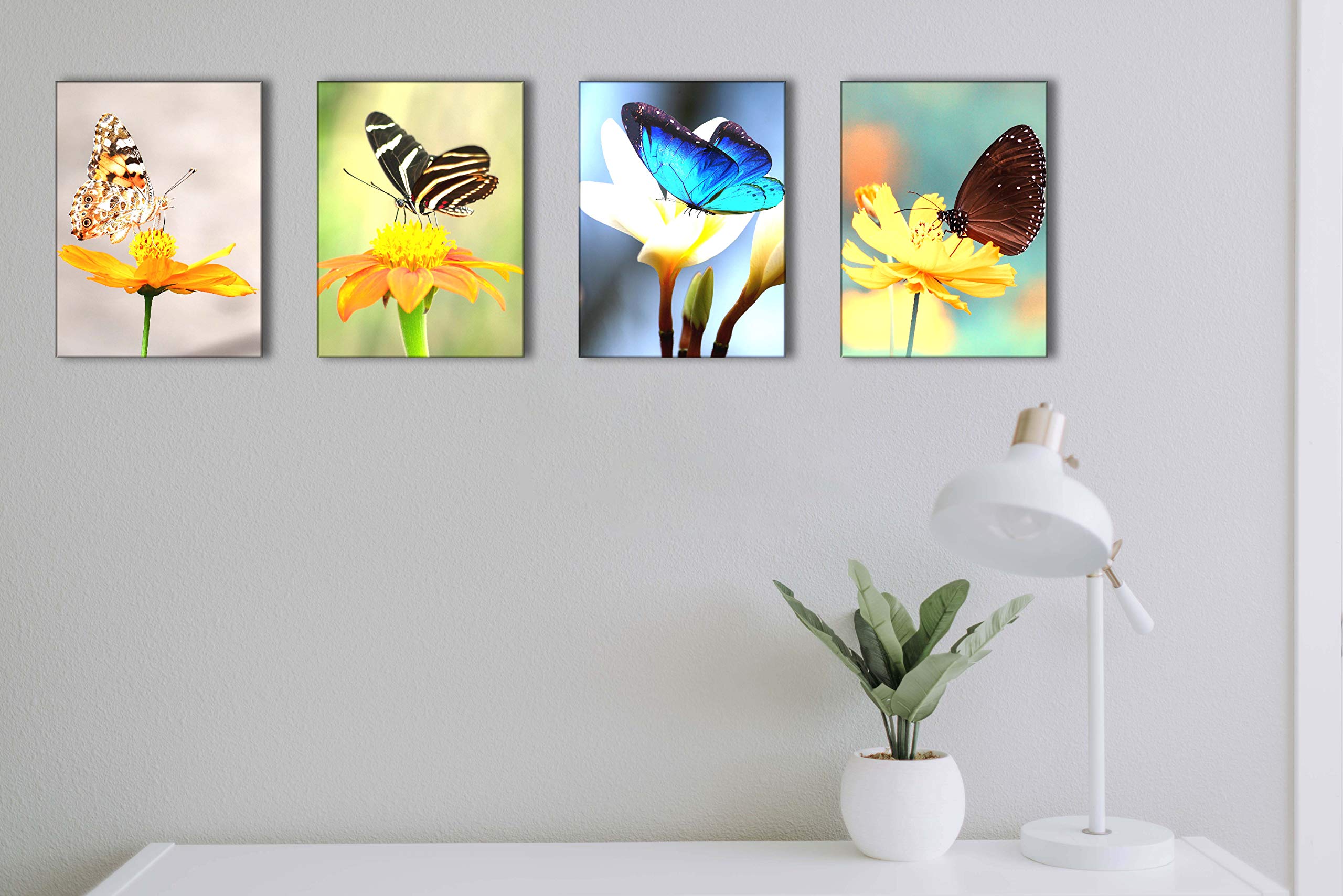Canvas Wall Art for Living Room Butterfly on Flower Decor Painting Blooming Florals Pictures Print Decoration Artwork 12x16inch x4Pieces