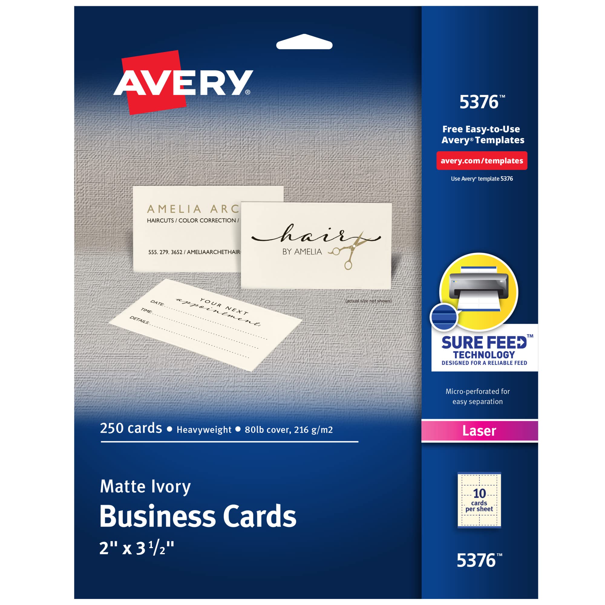 Avery Business Cards for Laser Printers 5376, Ivory, Uncoated, Pack of 250