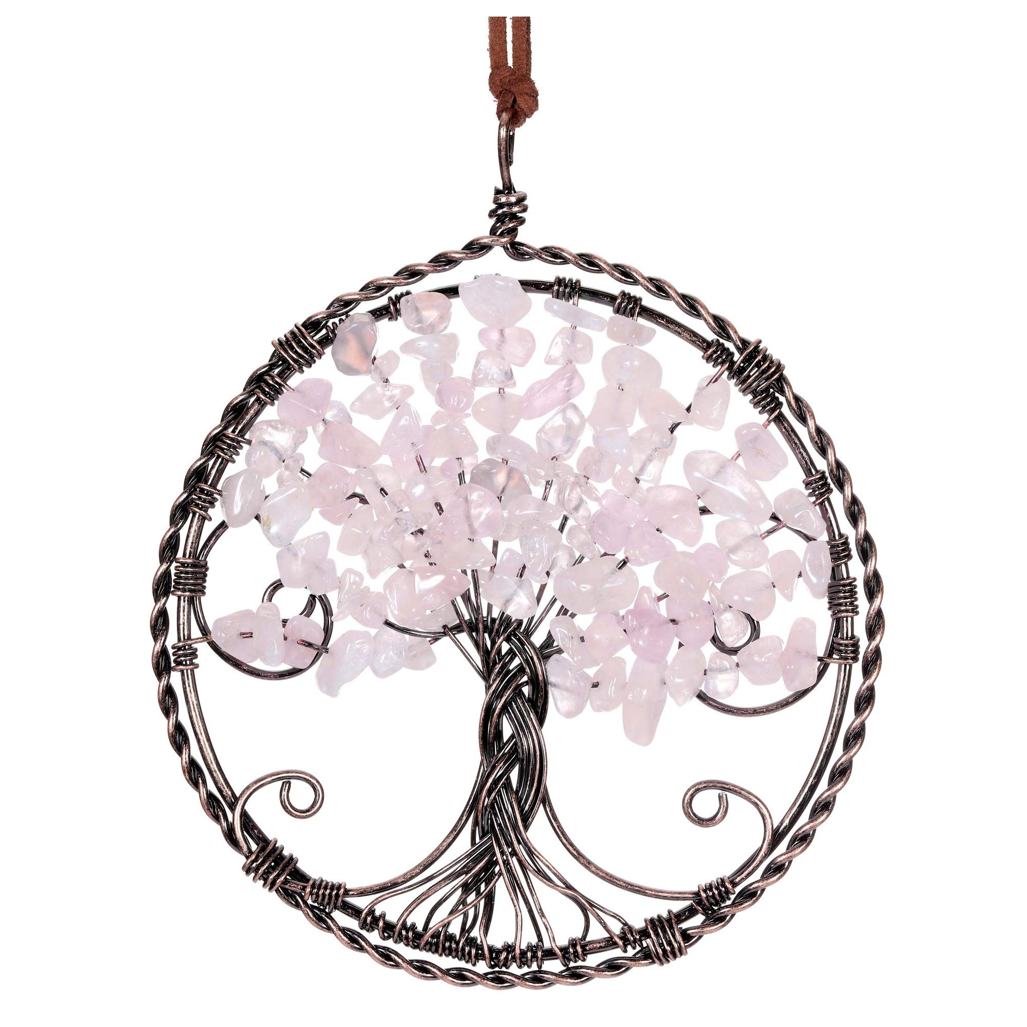 JSDDE Rose Quartz Healing Crystal Tree of Life Hanging Ornament Wire Quartz Gemstone Wall Hanger Home Office Decoration Meditation Balancing