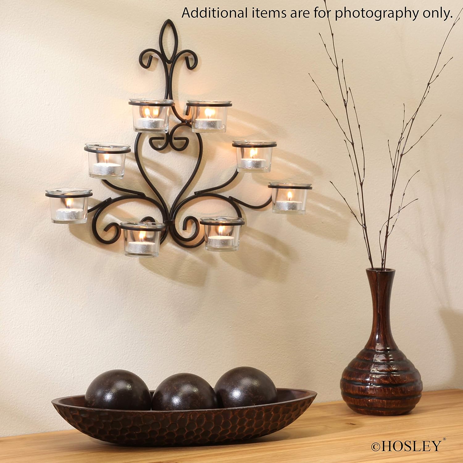 Hosley Scrolled Wall Angel Art Sconce 13.6 Inch Length 8 Votive Farmhouse LED Tealight Cup Holder Includes Glass Cups Mid Century Modern Wall Decor Ideal Gift for Weddings Party Spa Home O8: Kitchen & Dining