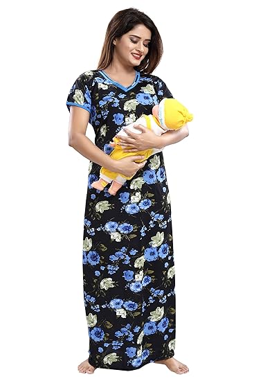 Women's Sarina Invisble Zip Feeding/Maternity Nighty/Night Gown/Nightwear (Size; Free) (Blue-02)