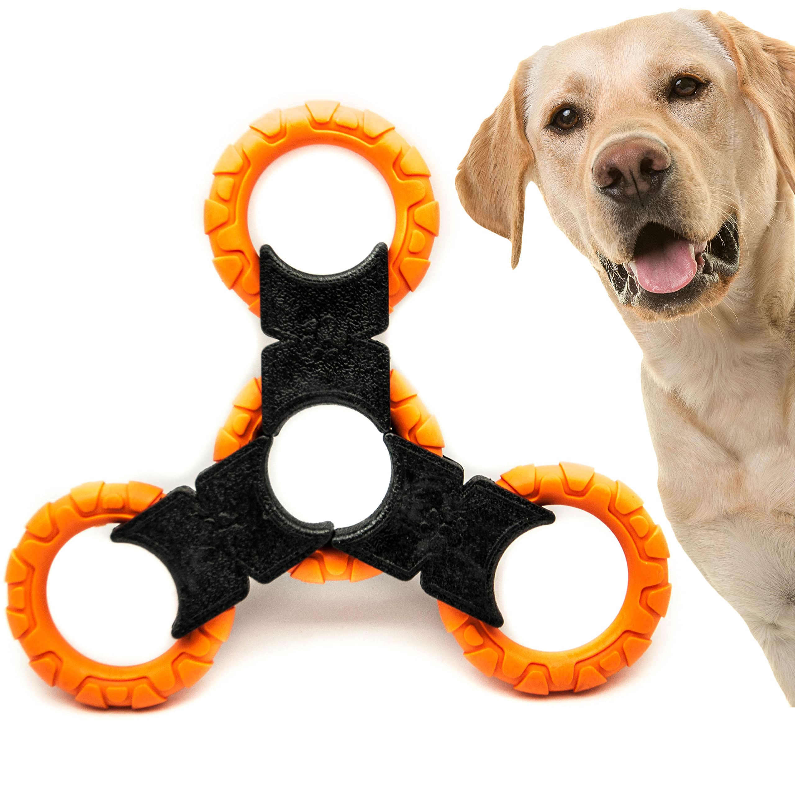Dog Chew Toy | Rubber Dog Chew Bone Ring Dumbell | Durable Squeaky Dog Bones Pet Chew Tooth Cleaning Ring Toy | Puppy Toys Medium Dog Stuff | Tug Dog Chews for Teeth (Orange, Tug Toy (4 Rings))