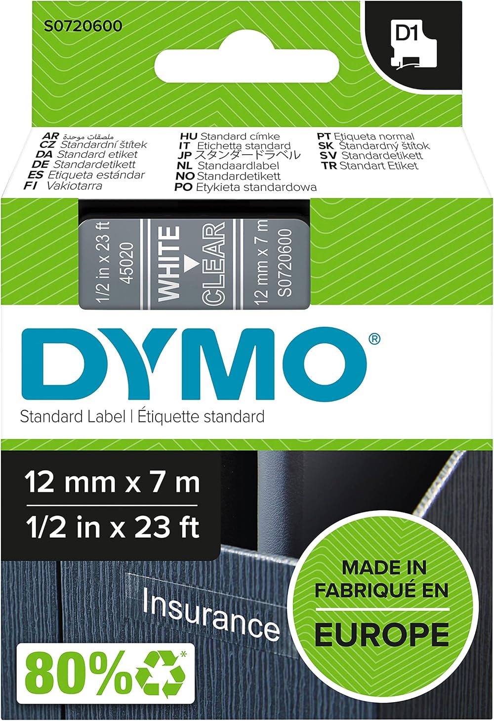 Dymo Authentic D1 Labels White on Clear Tape 12 mm x 7 m for LabelManager