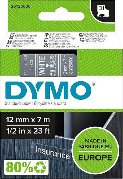 Dymo Authentic D1 Labels White on Clear Tape 12 mm x 7 m for LabelManager