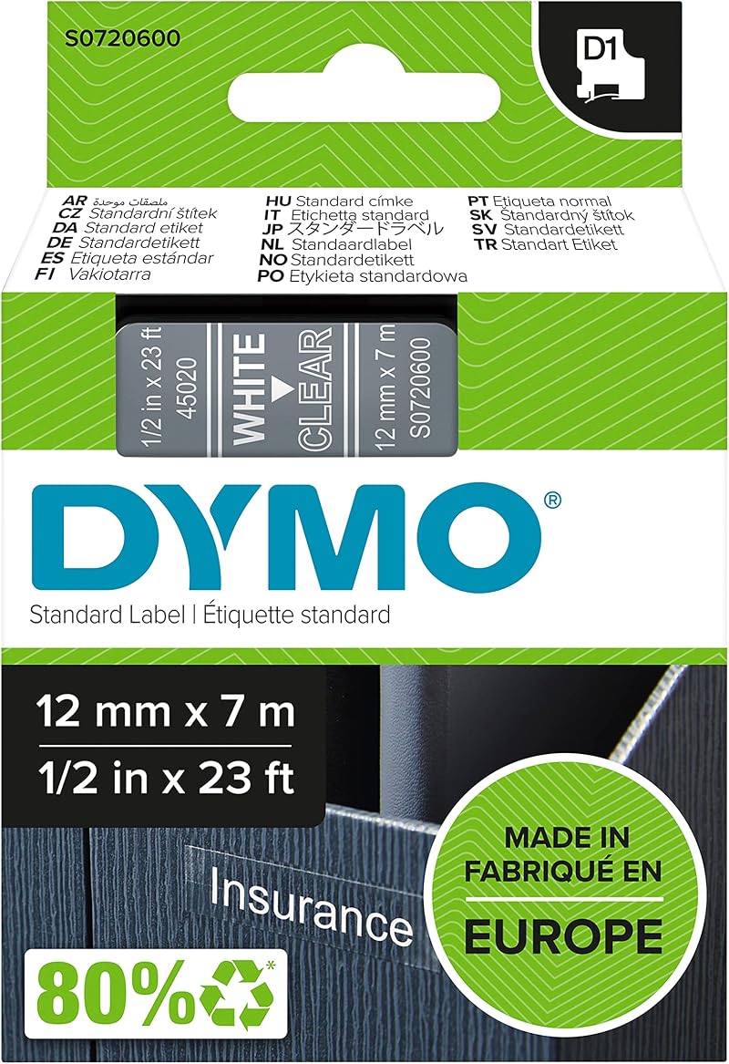 Dymo Authentic D1 Labels White on Clear Tape 12 mm x 7 m for LabelManager