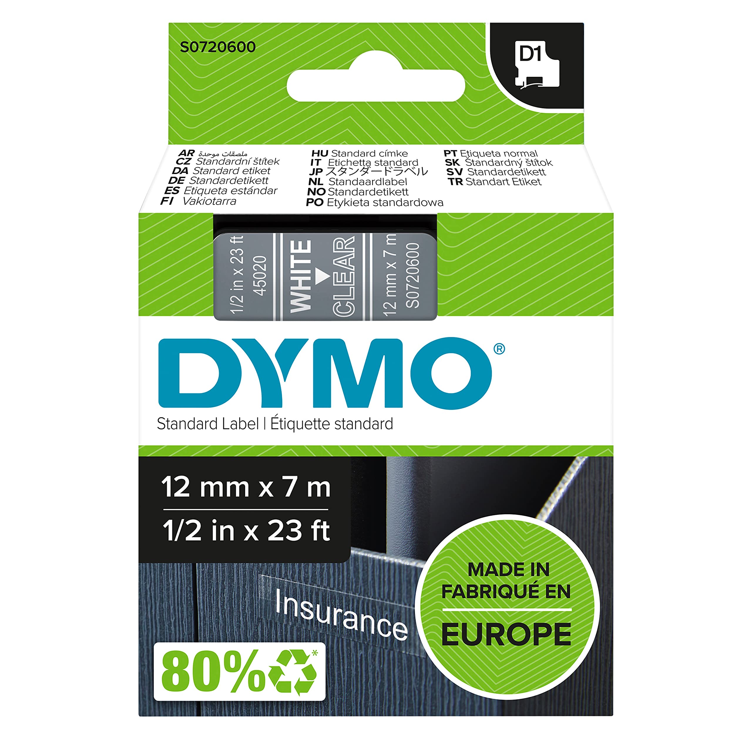 DYMO Authentic D1 Labels | White Print on Clear Tape | 12 mm x 7 m | Self-Adhesive Labels for LabelManager Label Makers | Made in Europe — image 1