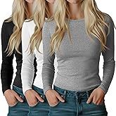 Riyiper 3 Pack Women's Long Sleeve Shirts Cotton Blend Crew Neck Slim Fit Tops Basic Layering Soft Casual Everyday Undershirt