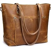 S-ZONE Vintage Genuine Leather Shoulder Bag Work Totes for Women Purse Handbag with Back Zipper Pocket Large