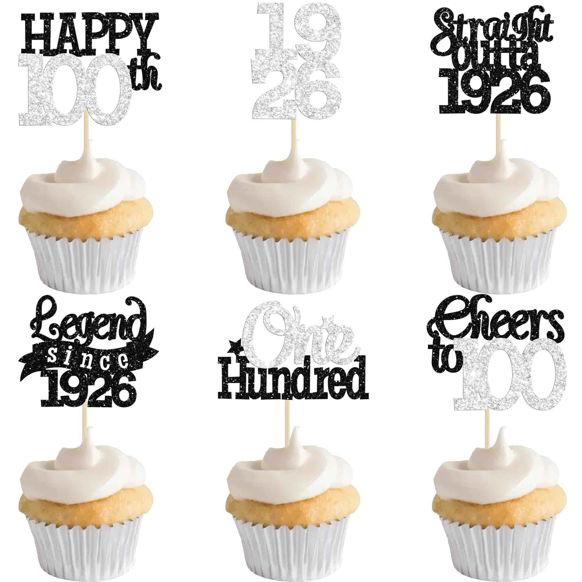 Gyufise 24Pcs Happy 100th Birthday Cupcake Toppers 100 Legend Since 1926 Cupcake Picks Cheers to 100 Years Cake Decorations for 100th Birthday Anniversary Party Supplies Black Silver
