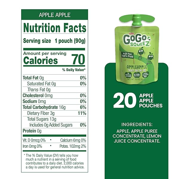 GOGO SQUEEZ FRUIT ON THE GO, APPLE APPLE, 3.2 OZ (PACK OF 20), UNSWEETENED FRUIT SNACKS FOR KIDS, GLUTEN FREE, NUT FREE, AND RECLOSEABLE CAP, BPA FREE POUCHES (PACKAGING MAY VARY)