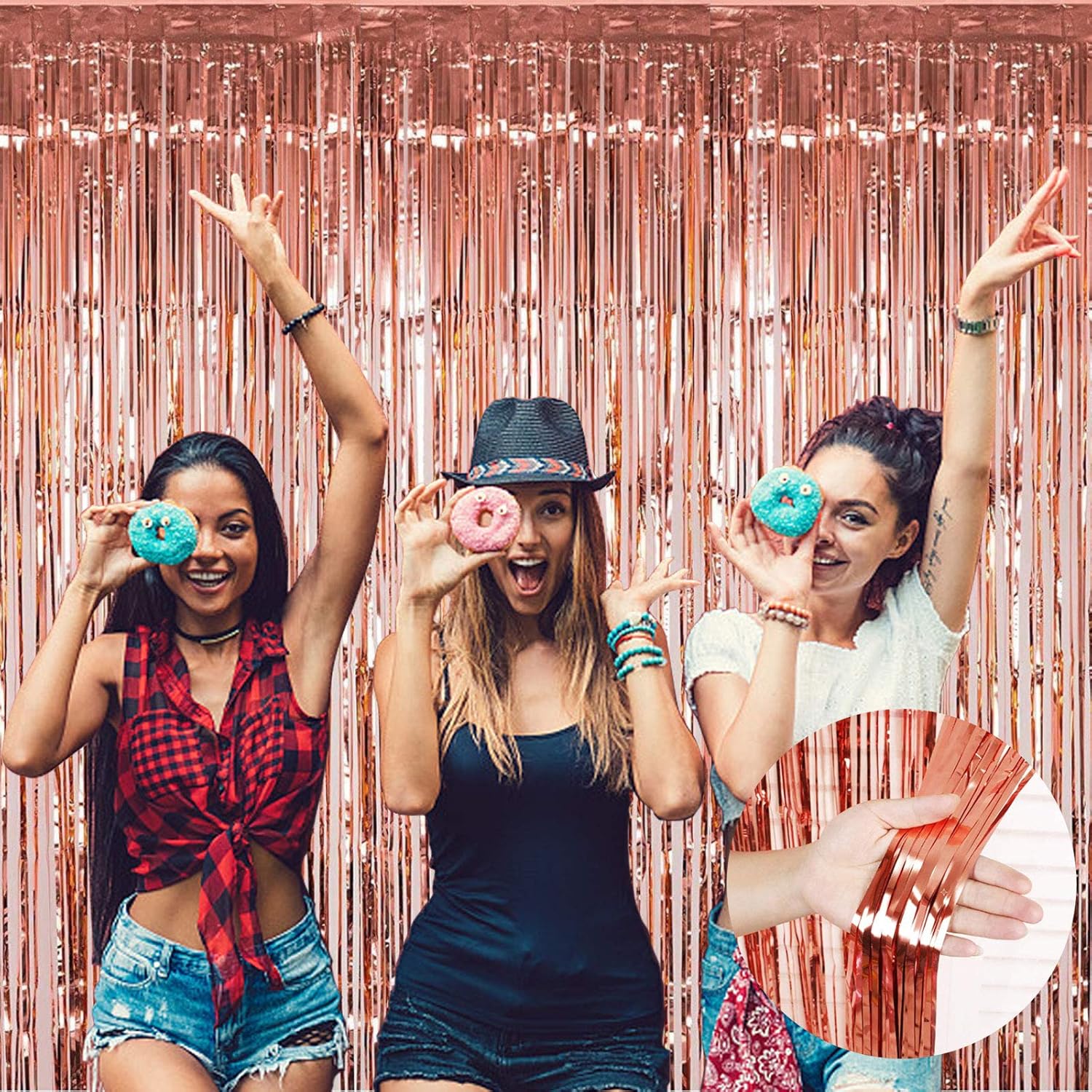Fecedy 2pcs 3ft x 8.3ft Rose Gold Metallic Tinsel Foil Fringe Curtains Photo Booth Props for Birthday Wedding Engagement Bridal Shower Baby Shower Bachelorette Holiday Celebration Party Decorations: Toys & Games