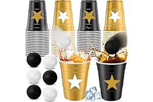 Foilswirl 32 Pcs 2026 New Year Party Star Game Set Include 16oz Black Gold Plastic Cups with 8 Balls, Plastic Cups for Party Decor Juice Beverage Outdoor Toss Game Supplies