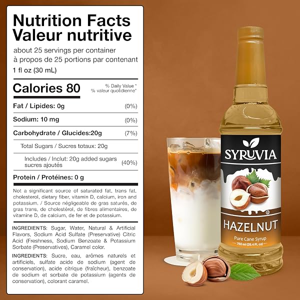 SYRUVIA COFFEE SYRUP, HAZELNUT FLAVORED SYRUP FOR DRINKS, LATTES, AND DESSERTS – 25.4 FL OZ – WITH PUMP