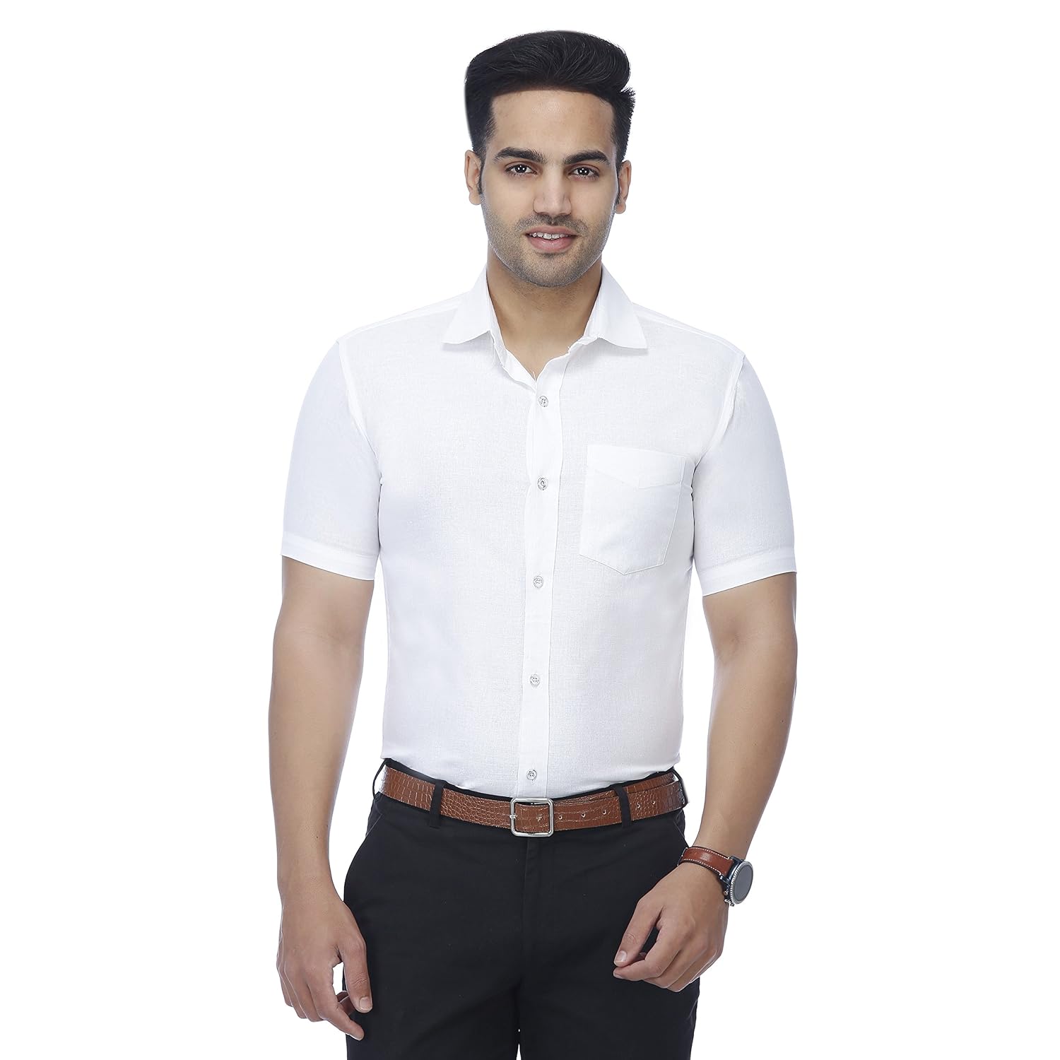 el figo men's linen feel half sleeve white shirt, sizes s - 2xl